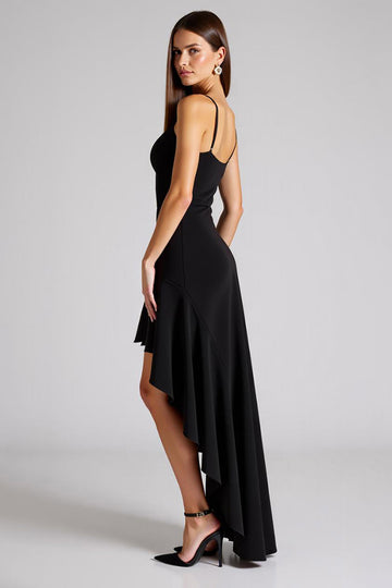 Vestidos Cerimónia Decote em V Preto Linha-A Assimétrico
